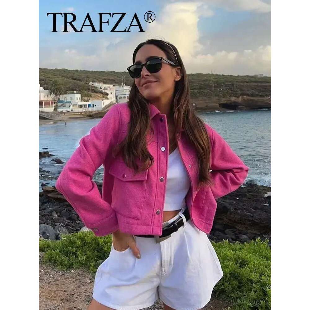 TRAFZA Jackets For Womens Autumn Fashion Solid Front Pockets Button Long Sleeve Jacket Elegant Woman Casual Outerwear Coat