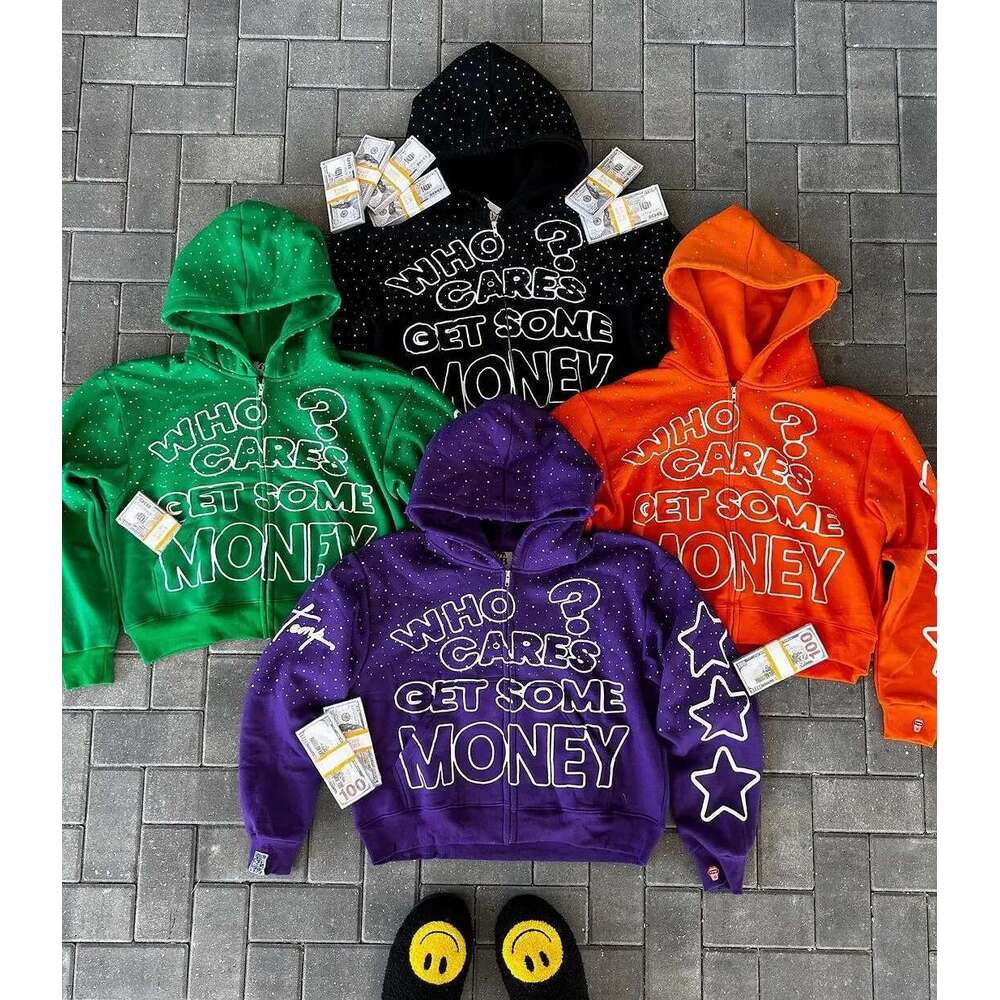 2024 American New Trend Who Cares Get Some Money Printed Zipper Sweater Men's And Women's Y2k Haruku Hip Hop Goth Casual Coat Designer