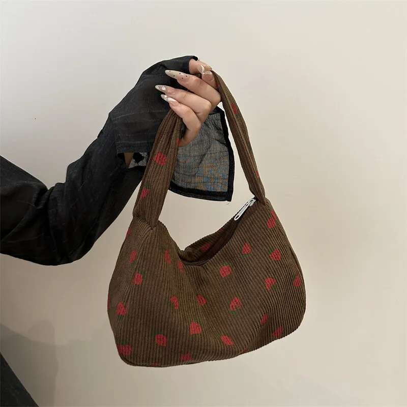 Women Small Corduroy Handbag Cute Strawberry Print Little Tote Underarm Bag Half Moon Design Eco Cloth Purse Mini Shoulder Bags