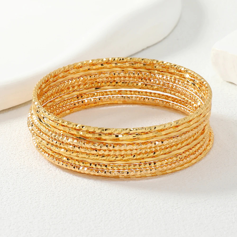 10 Middle Eastern Copper 24K Gold Plated Carved Random Pattern Stacked Elegant Womens Cuff Decorative Bracelets 250512