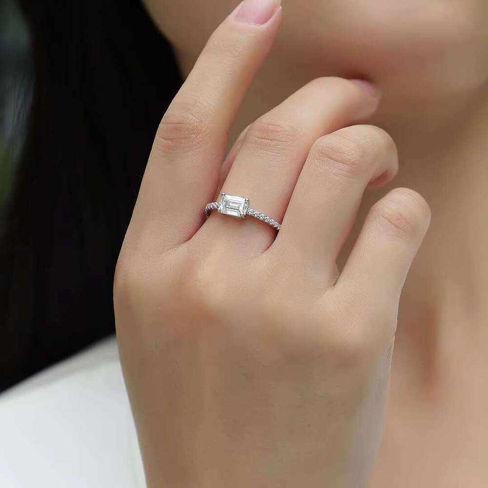 Unique spodumene emerald cut ring - pointed set of pure silver, double-layer design, size 5-9, USA