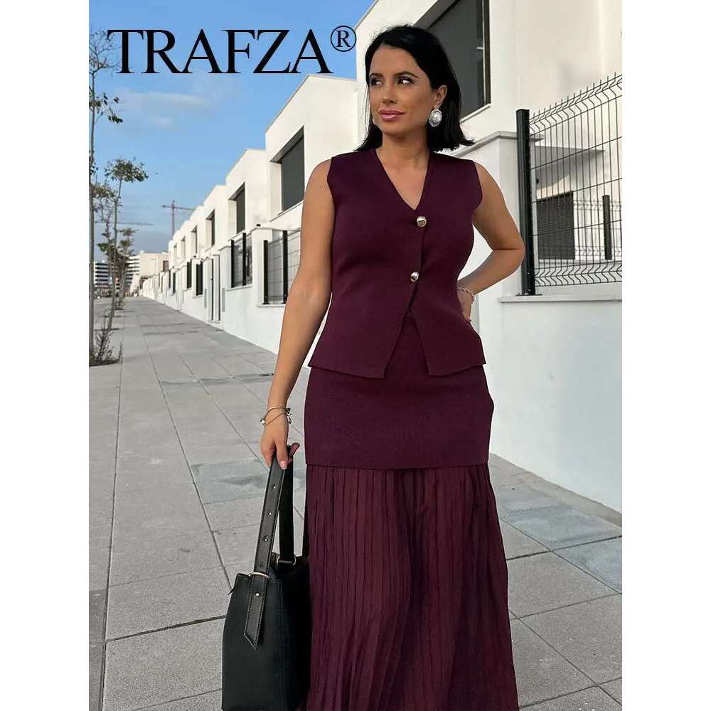 TRAFZA 2024 Women Set Wine Red Knitted V-Neck Sleeveless Slim Vest +Solid High Waist Zipper Patchwork Long Skirt Street