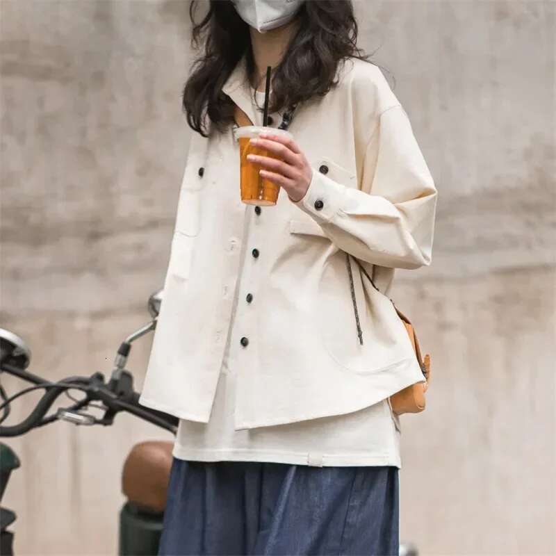 Maden Spring New Women's Casual Pocket Shirt Jackets Vintage Long Sleeve Oversized Blouse Solid Color Loose Outwear Tops