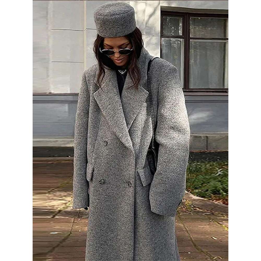 Grey Women's Coat Turndown Collar Double Breasted Long Sleeve Coats Fashion Vintage Winter Windproof Women Jacket