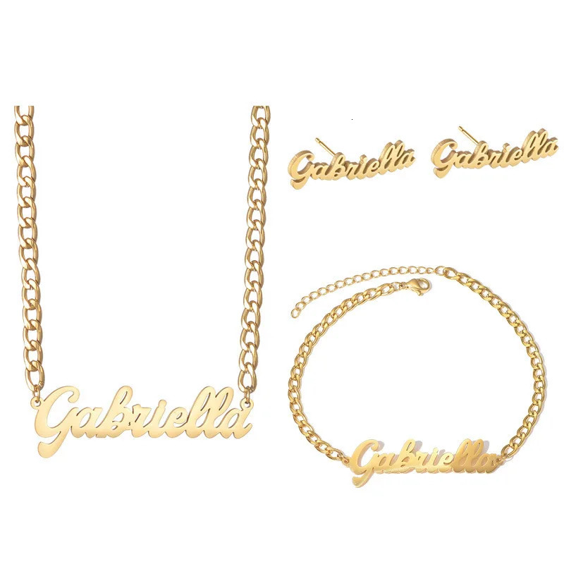 Custom Name Necklace Bracelet Earrings Stainless Steel Personalized Hollow Letter Pendant Chain Womens Jewelry Birthday Gift 250512