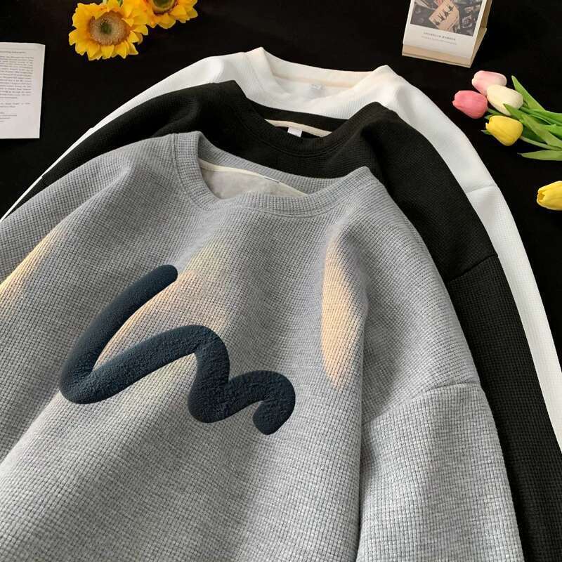 Korean Men Sweatshirt Waffle Fabric Crew Neck Sweatshirts Wave Print Casual Loose Sports Pullovers Streetwear Hoodie Designer