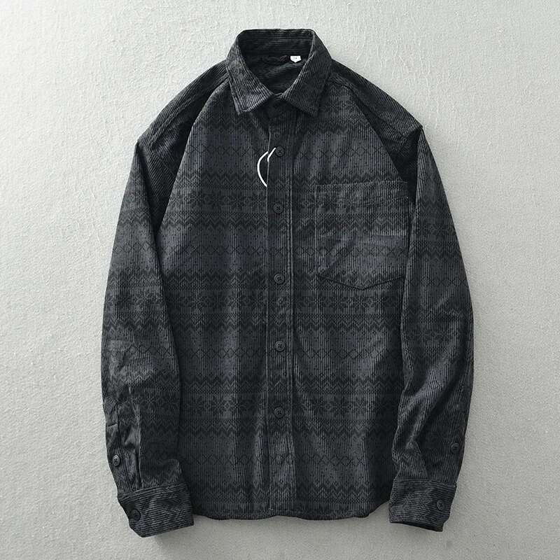Vintage Corduroy Shirt For Men Japanese Ethnic Embroidered Baggy Lapel Long Sleeve Top Coat Fashion Autumn