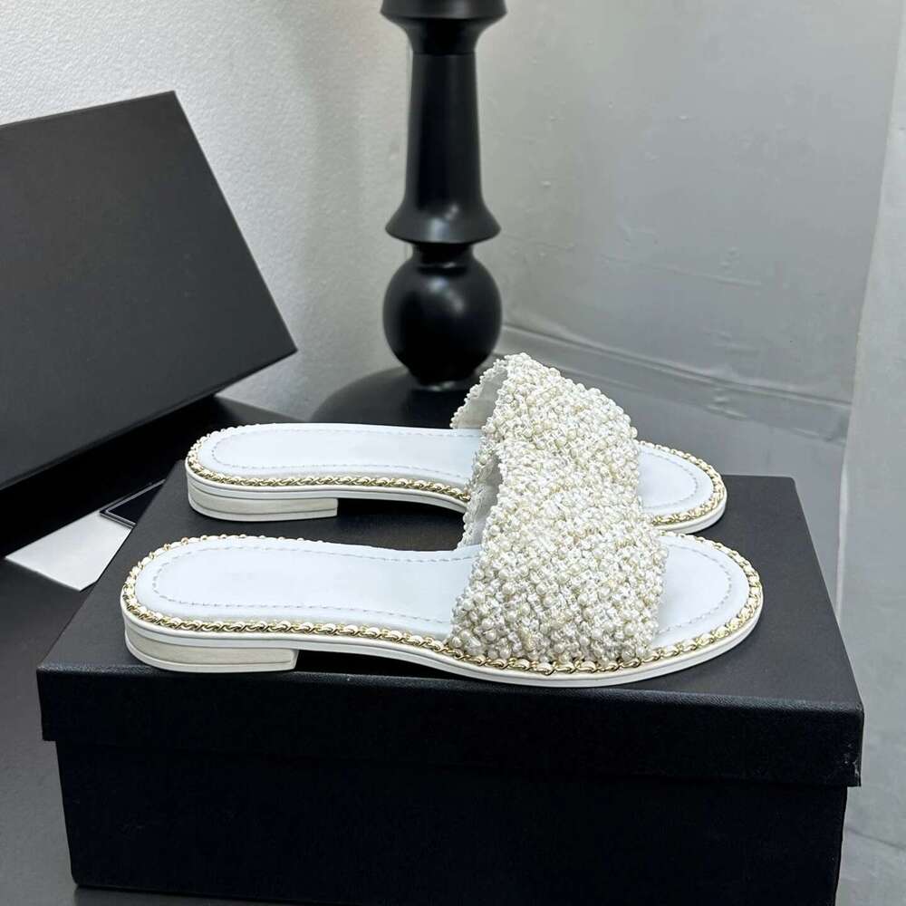 New Women Size35-41 Genuine Leather Slippers Med Heels Chain String Bead Summer Slides Designer Shoes Zapatillas De Mujer