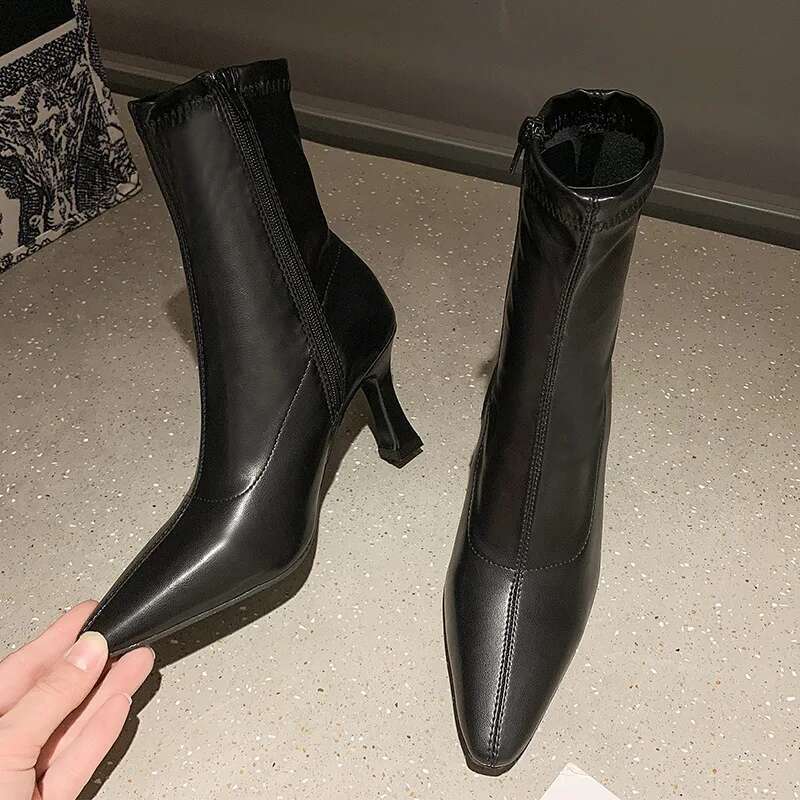2023Women High Leather New Female Pointed Thin Heel Ladies Ankle Short Boots Botas De Mujer
