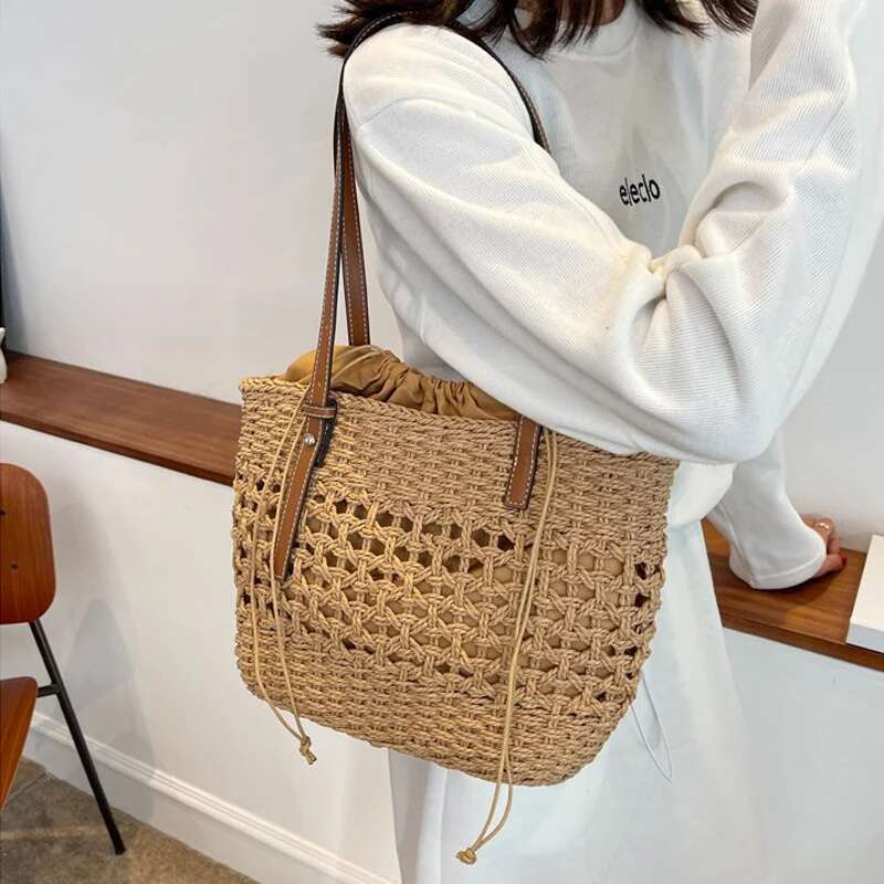 Designer Casual Rattan Wicker Tote Bag Large Capacity Woven Women's Summer Beach Straw Handbag Lady Travel Big Basket