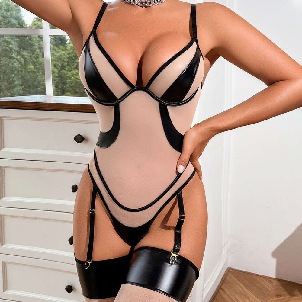 Patent Leather Sexy Lingerie Sexy Mesh PU Leather Patchwork Jumpsuit Leg Socks Ultra Thin Non Removable Lingerie Set KQ