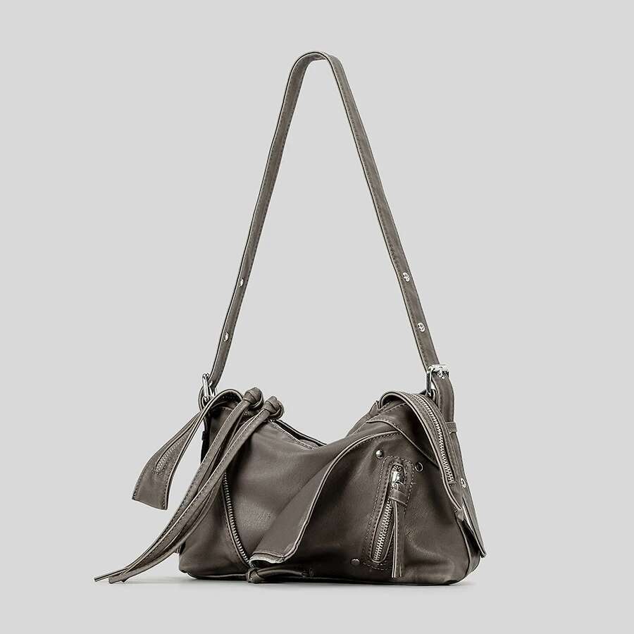 Fashion Lapel Collar Design Women Shoulder Vintage Washed Pu Leather Crossbody Bags Y2k Multi Zipper Small Tote Bag