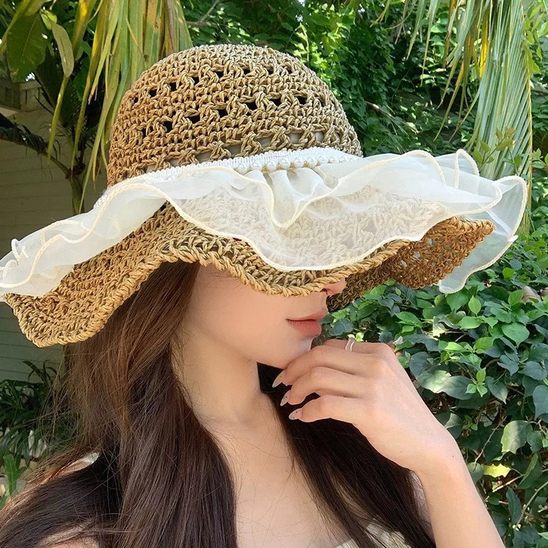 Womens Summer Straw Bucket Hat Foldable Fisherman Cap Large Brim UV Protection for Beach Kawaii Fashion 250512