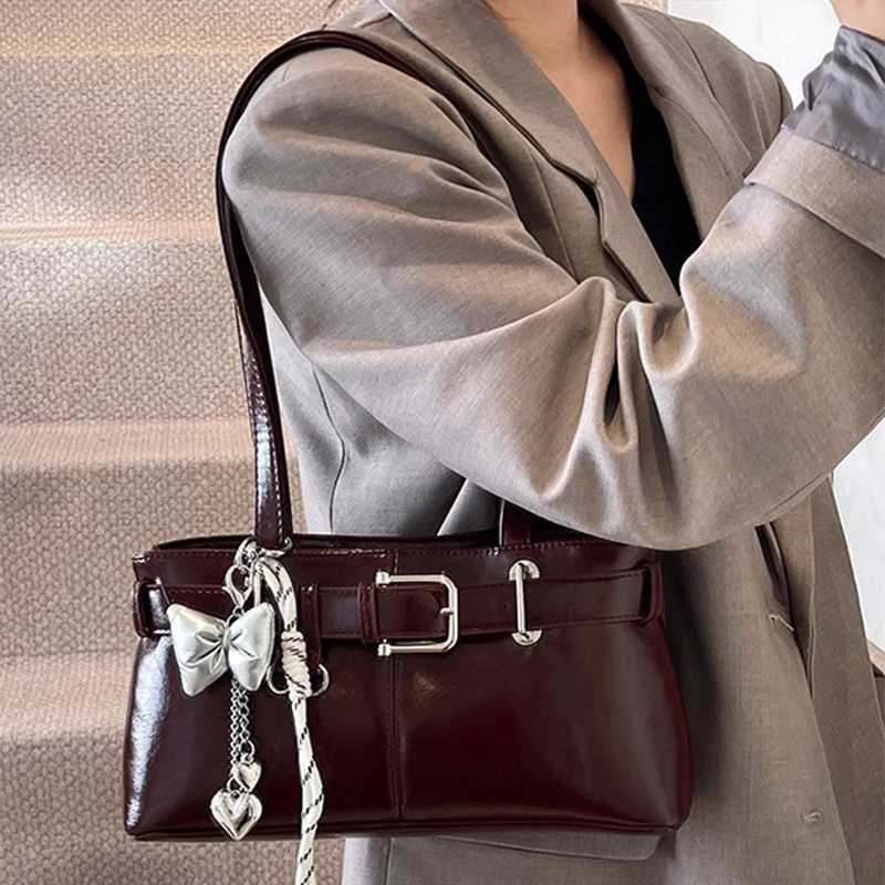 Shiny Leather Retro Handbag For Women Korean Brand Fashion Underarm Bag Commuting Large Capacity Shoulder Bag With Bow Pendant Z250512