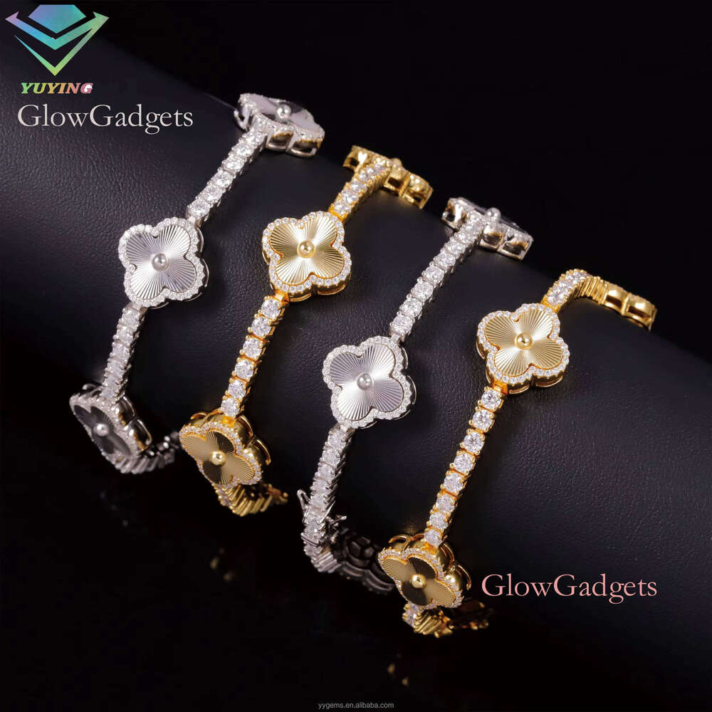 Lucky Four Leaf Hip Hop Jewelry 3mm S Sier Gold Plated Iced Out Moissanite Clover Tennis Bracelet