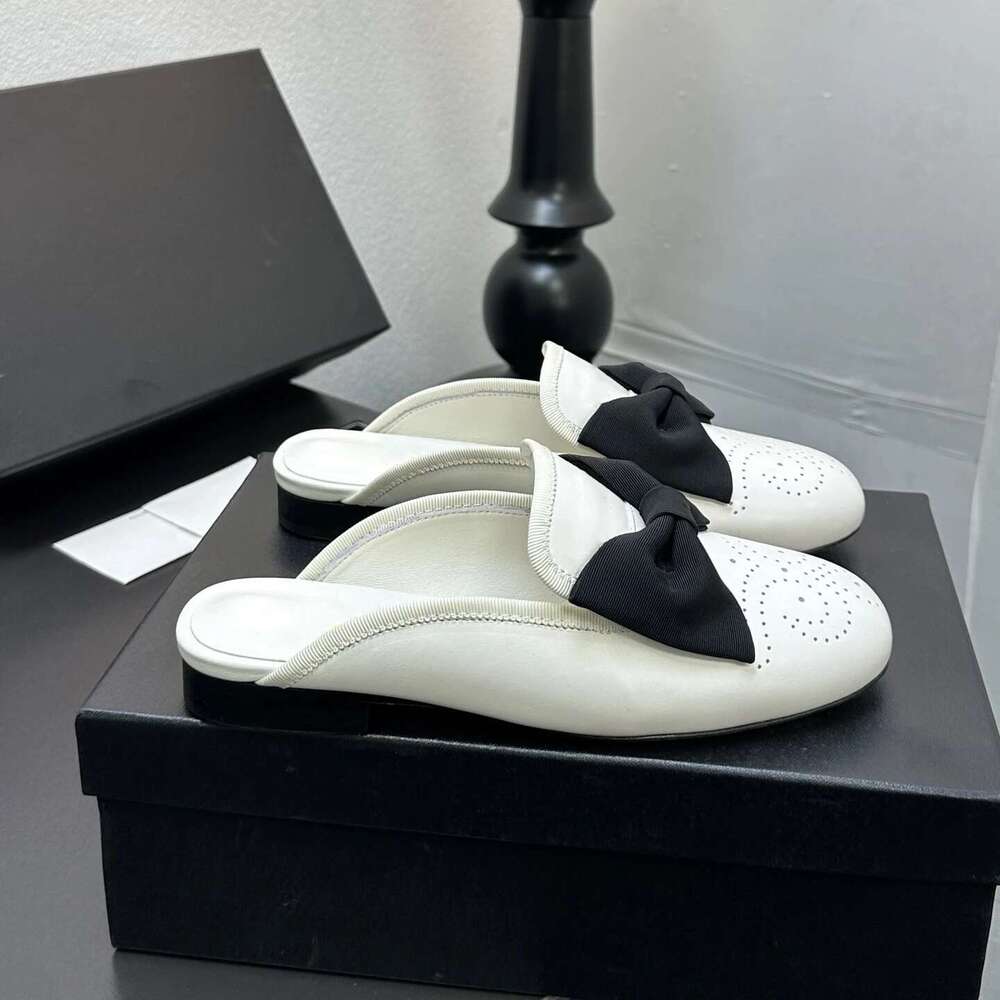 New Women Size34-41 Genuine Leather Mules Low Heels Butterfly Knot Slippers Round Toe Designer Shoes Zapatillas De Mujer
