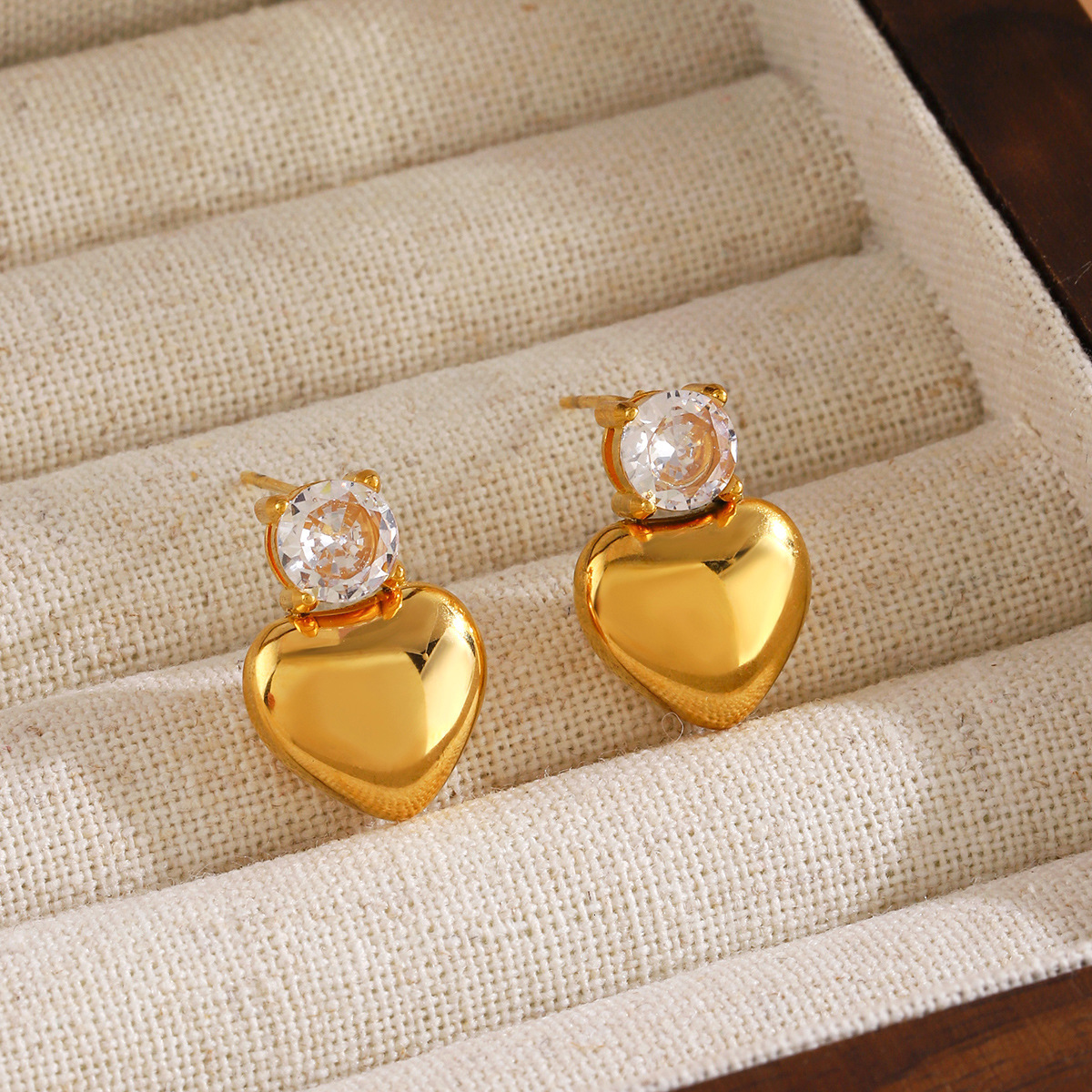 Popular style stainless steel heart French gold-plated fashionable zircon inlaid earrings