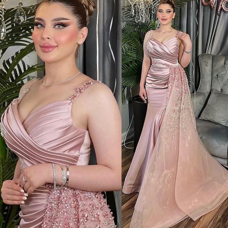 Blush Pink Mermaid Plus Size Prom Dresses 2025 Lace Beaded Satin Organza Evening Formal Party Second Birthday Engagement Gowns Dress For Special Occas