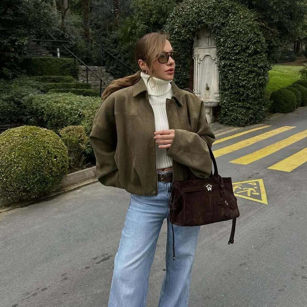 UNIZERA Suede Texture Effect Pilot Jacket With Collar Zipper Decoration Spring New Casual Women's Clothing