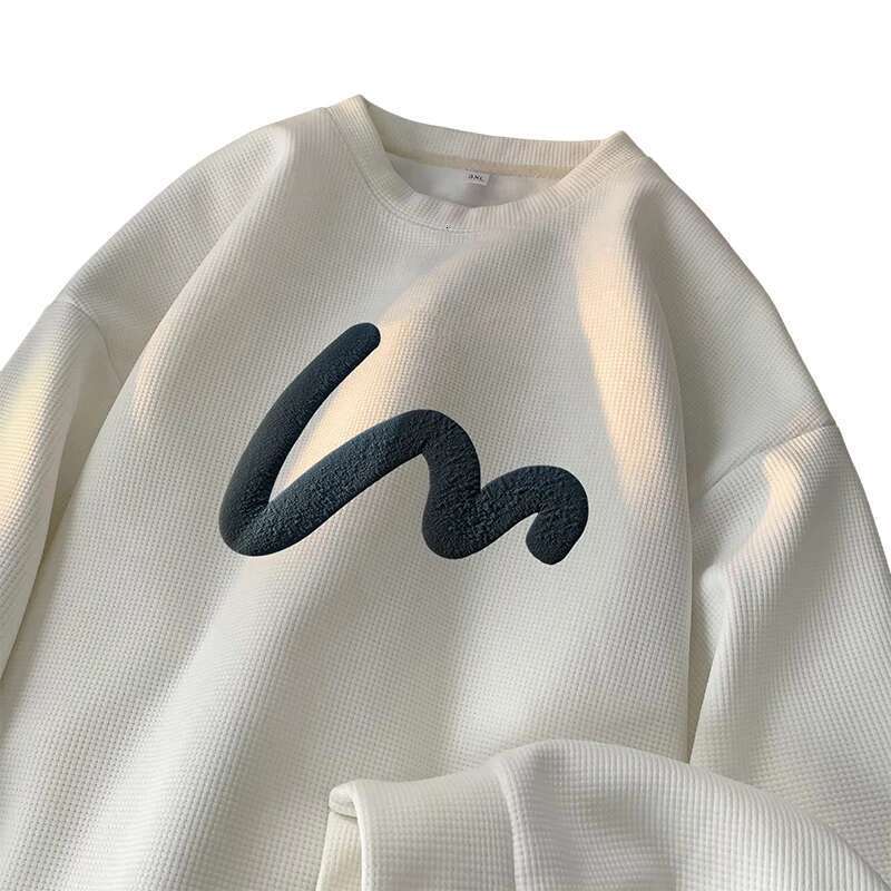 Korean Men Sweatshirt Waffle Fabric Crew Neck Sweatshirts Wave Print Casual Loose Sports Pullovers Streetwear Hoodie Designer
