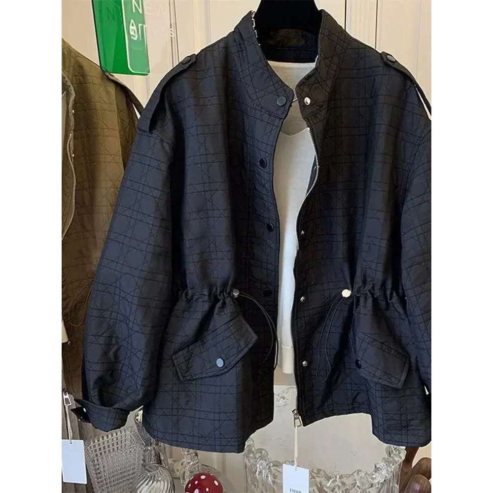 Drawsting Lace Up Ropa Mujer Plaid Woman Jackets Stand Collar Zipper Chaqueta Mujeres Long Slevee Coats Autumn Winter Clothes