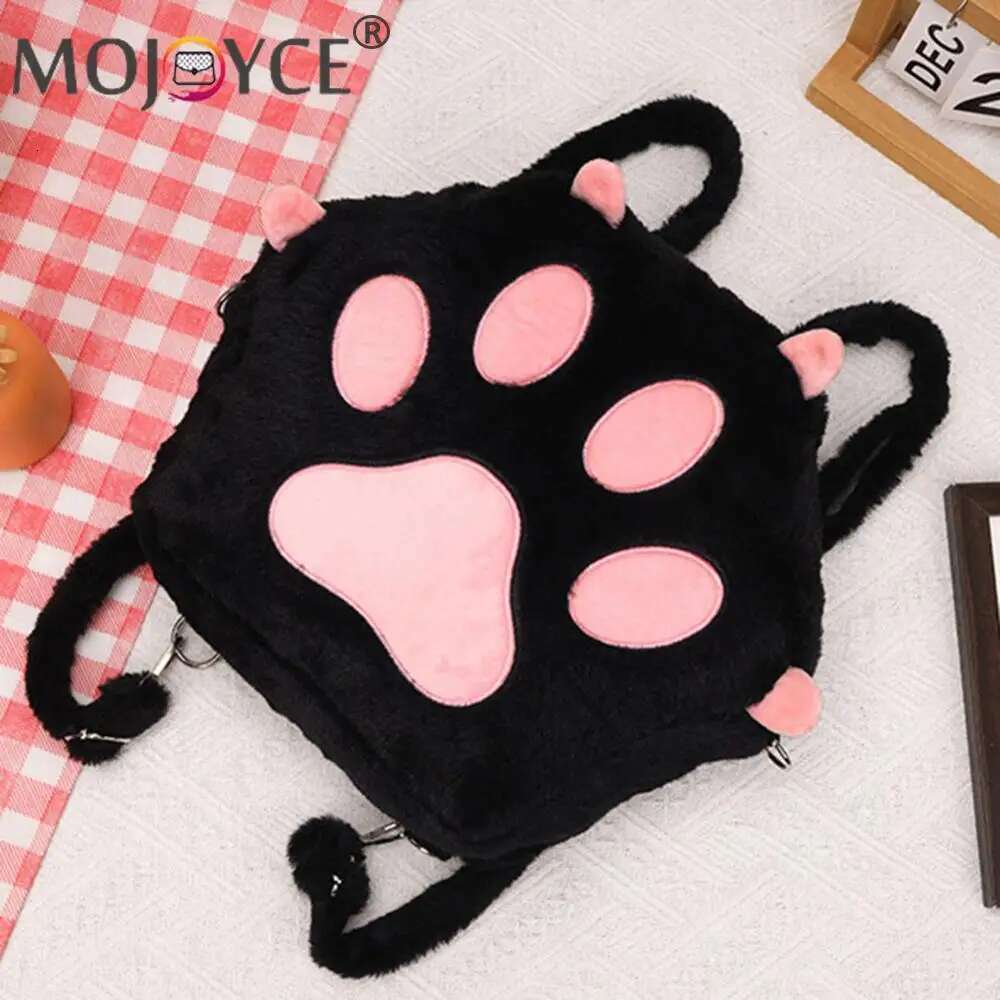 Cute Cat Paw Plush With Adjustable Straps Soft Furry Purse JK Bag Cartoon Backpack For Women Girls