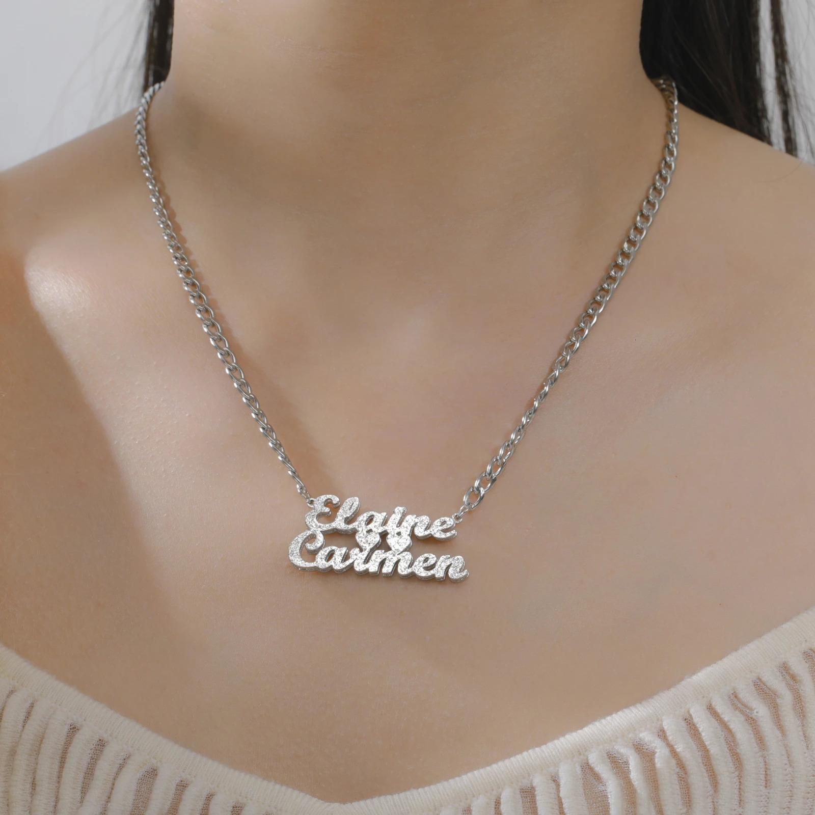 Dreamtimes Custom Gold and Silver Bling Double layered Name Necklace Personalized Name Sand Blasting Stainless Steel Jewelry 250512