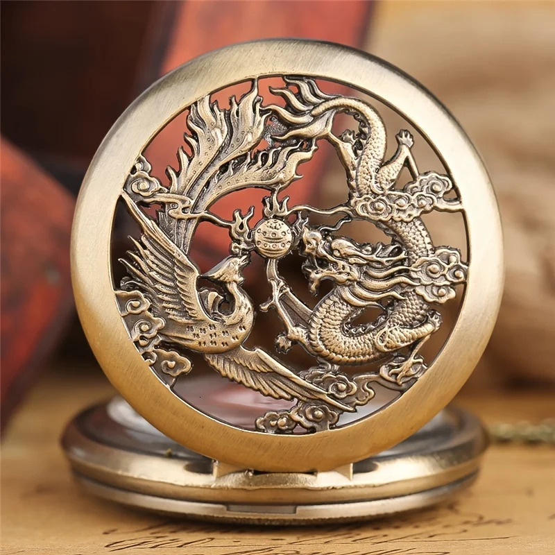 Antique Double Dragons Playing with Beads Pattern Quartz Pocket Watch With Necklace Chain Vintage Gift for Male Women and Kids 250512