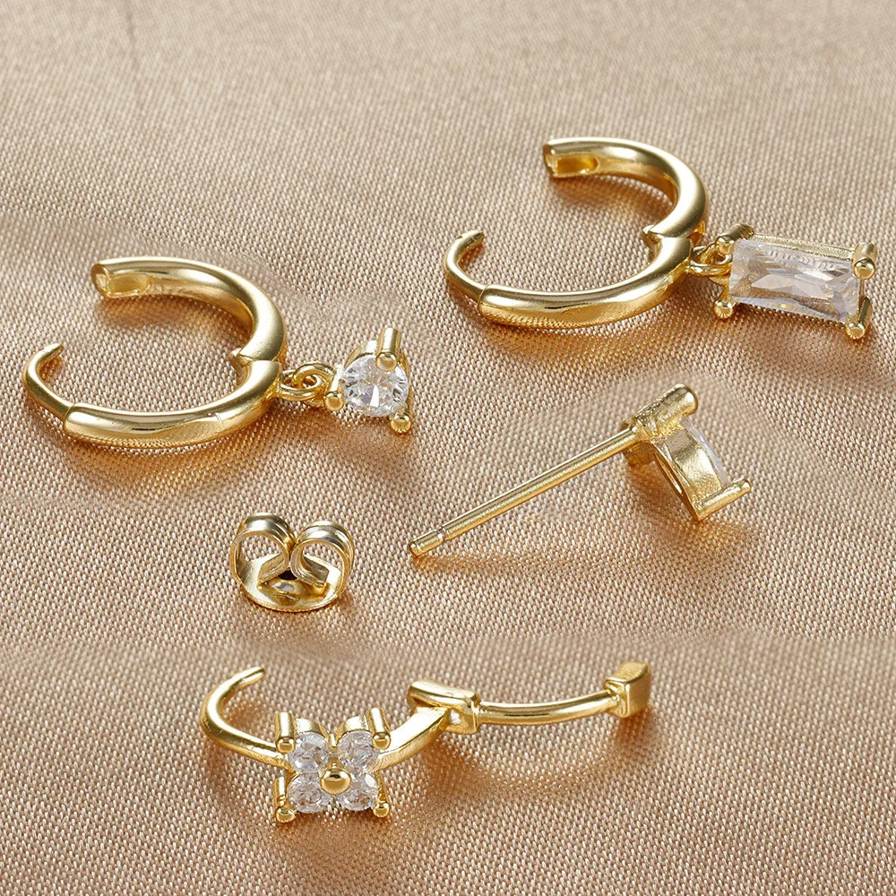 4PCS Flower Square Earrings Set for Women Girl Zircon Stainless Steel Cartilage Piercing Hoop Earring Statement Jewelry 250512