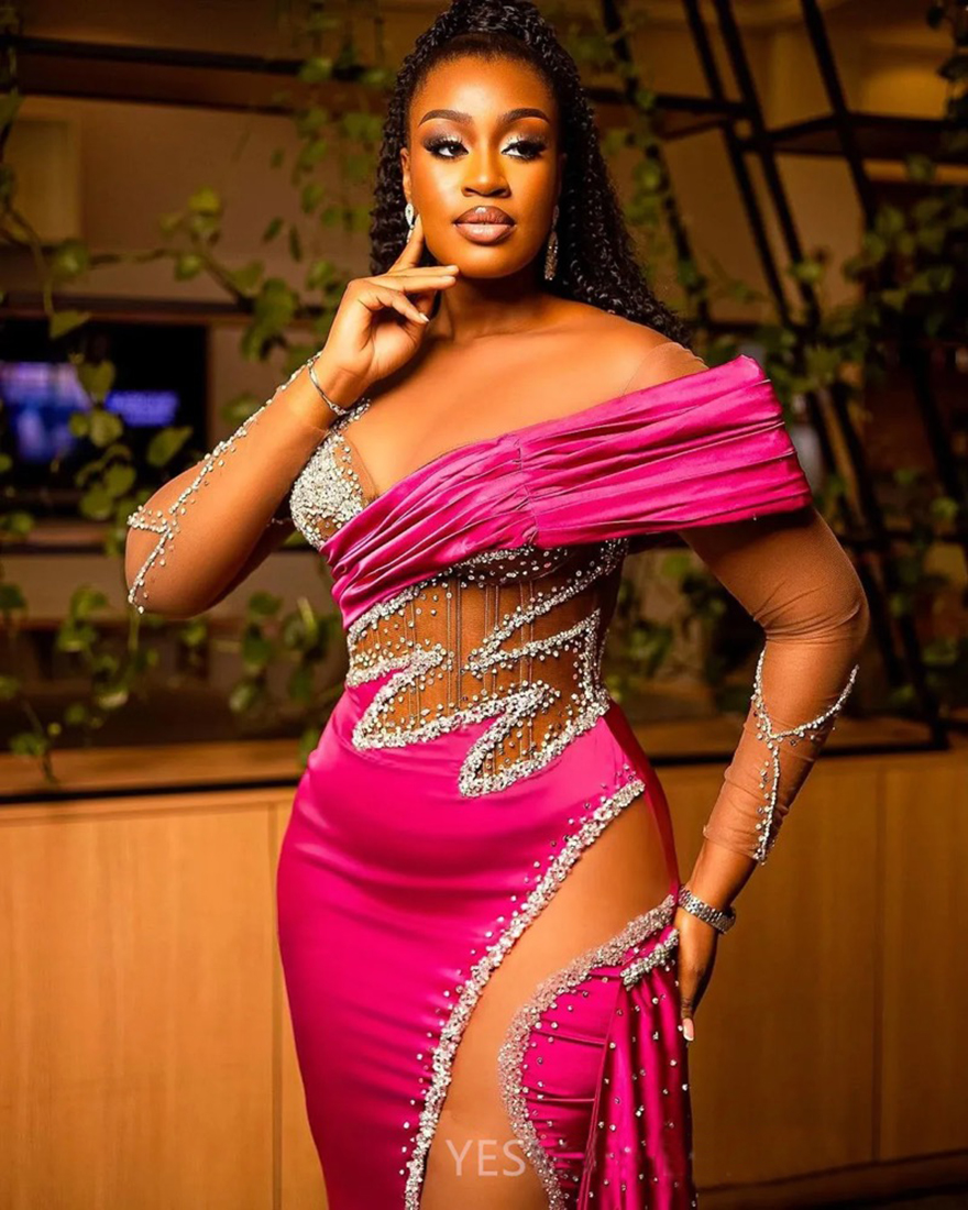 2025 Fuchsia Prom Dresses for Special Occasions Black Women Promdress Evening Gowns Illusion Mermaid Long Sleeves Side Split Rhinestones Birthday Dres
