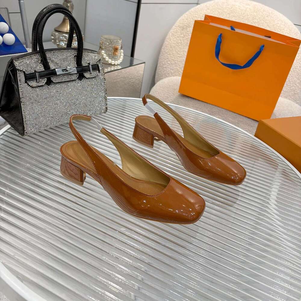 Women Size35-43 Genuine Leather Pumps Slingbacks Meds Heels Sandals Square Toe Slip On Designer Shoes Zapatillas De Mujer