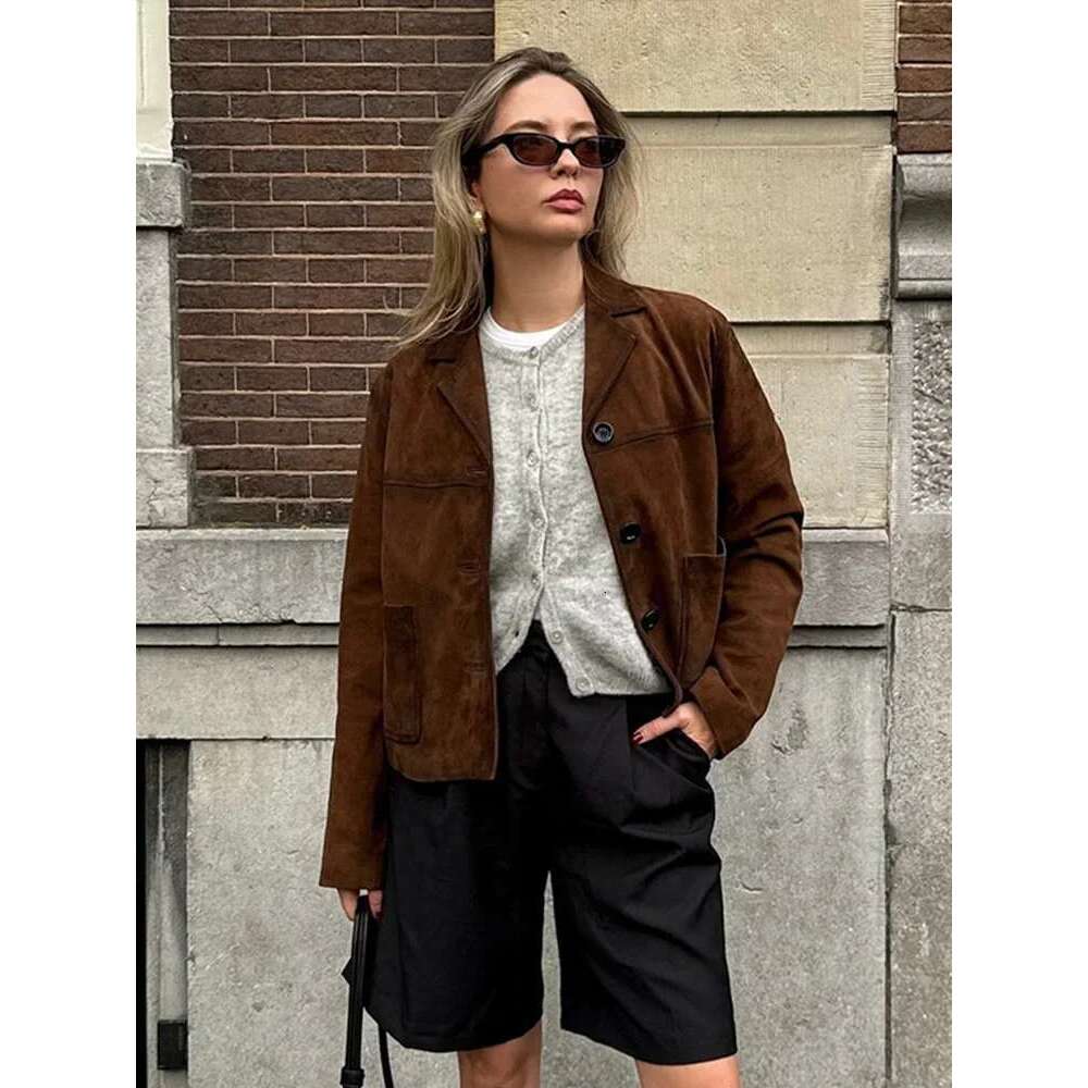 ZBZA Women Retro Suede Leather Jacket Coat Casual Suit Collar Single-breasted Long-sleeved Cropped Overcoat Fall Winter Chic Top