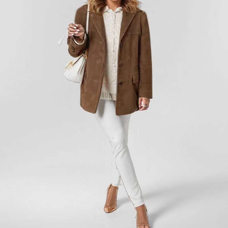 Autumn Winter Woomen Suede Jacket With Lapel Woman Casual Single Breasted Pocket Long Sleeve Short Coat Street Overcoat