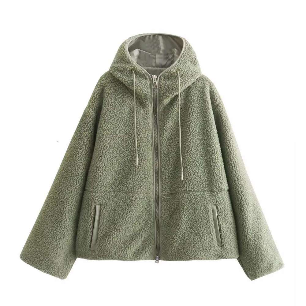 autumn new women's clothing style fashionable and versatile French casual hooded cardigan loose lamb wool jacket