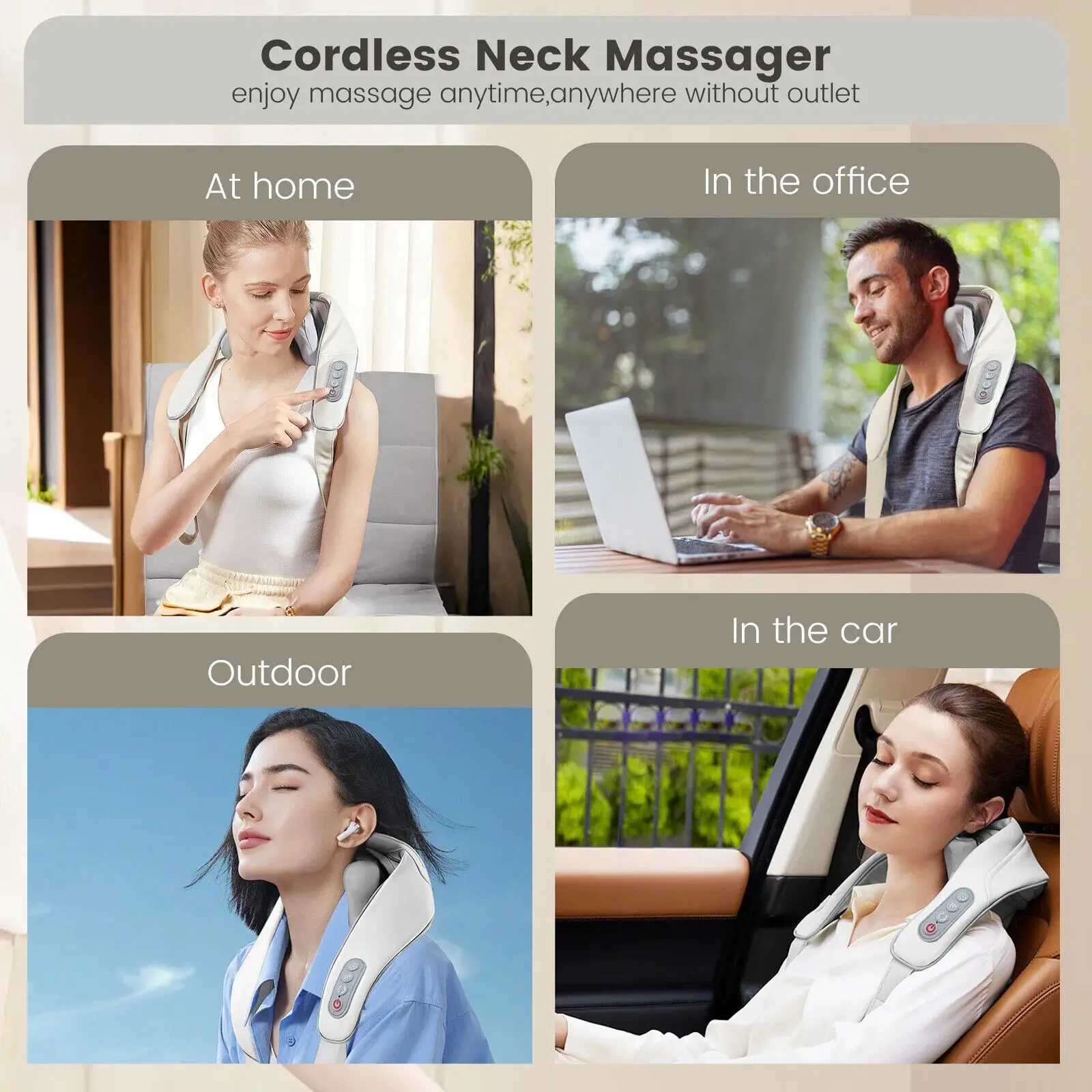 Sejoy Rechargeable Neck Massager with Heat Air Compression Wireless Circulation Massage Electric Shiatsu Neck Shoulder MassagerW250512