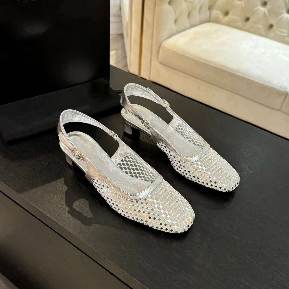 Women Size35-41 Genuine Leather Pumps Slingbacks High Heels Mesh Sandals Square Toes Designer Shoes Zapatillas De Mujer