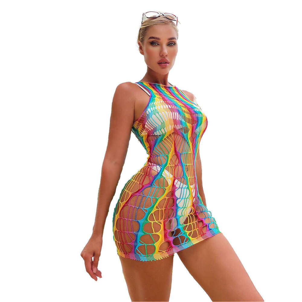 Patent Leather Sexy Lingerie Free Seven Rainbow Fishing Net Fun Underwear Women S Beach Bikini Coat Hollow Out KQ