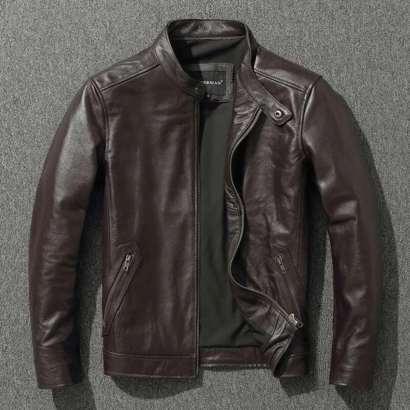 Top Layer Cowhide Fashion Slimfit Stand Collar Leisure Bomber Jacket 100% Genuine Leather Men's Vintage Short Zipper M