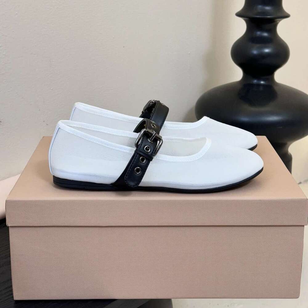 Women Mesh Flats Mary Jaens Genuine Leather Round Toe Buckle Strap Solid Colors Leisure Designer Shoes Zapatillas De Mujer
