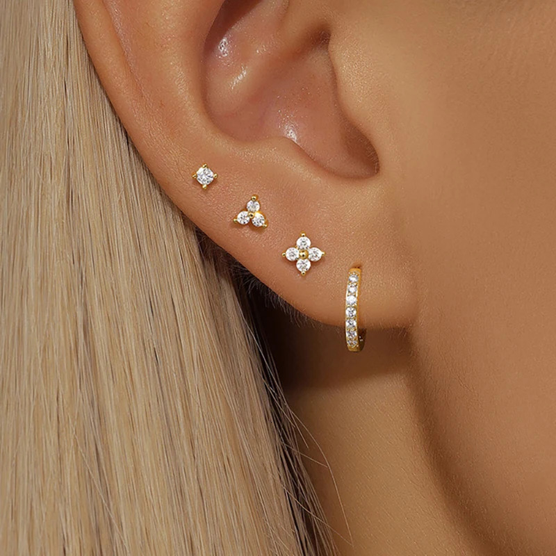4PCS Gold Plated Flower Round Piercing Earrings Set For Women Stainless Steel Zircon Punk Stud Earring Trendy Jewelry aretes 250512