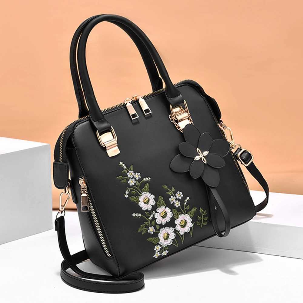 Floral detail shoulder bag fashionable zipper work large capacity handbag casual crossbody bagW250512