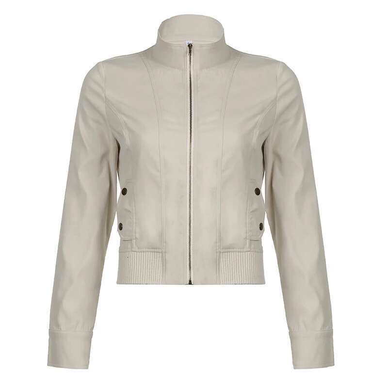 SUCHCUTE Vintage Cropped Jackets Women Stand Collar Solid Color Casual Coats Slim Pocket Zip Up Haruku Safari Style Outwear
