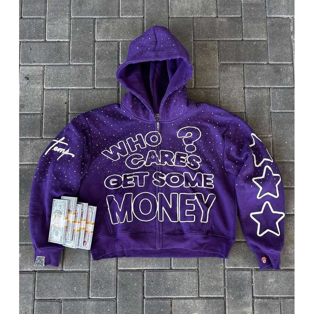 2024 American New Trend Who Cares Get Some Money Printed Zipper Sweater Men's And Women's Y2k Haruku Hip Hop Goth Casual Coat Designer