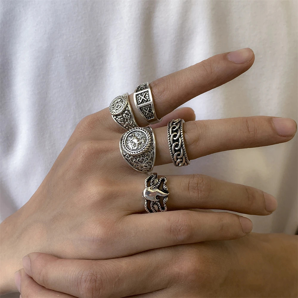 Retro Totem Mens Ring Set Hip Hop Geometric Jewelry Antique Silver Adjustable Stackable Rings for Men Fashion Accessories Gifts 250509