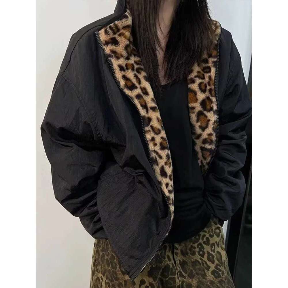 American retro double-sided leopard print jacket men's trendy high-end vintage anti-rabbit fur thickened cotton coat