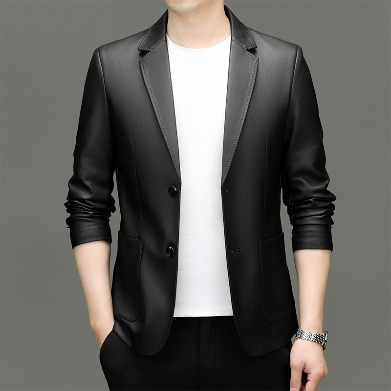 Tailored Mens Water Resistant Leather Jacket with Notched Collar - Elegant Casual Wear 8557