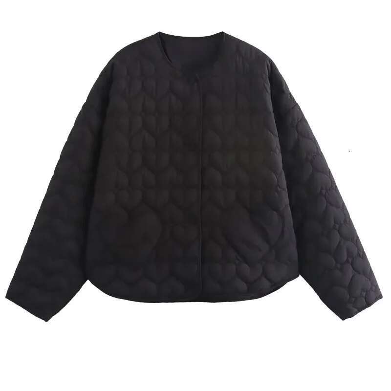 TRAF Parkas New In Coats Heart Quilted Woman Autumn Winter Black Short Padded Jacket Long Sleeve Off White Women's Coat