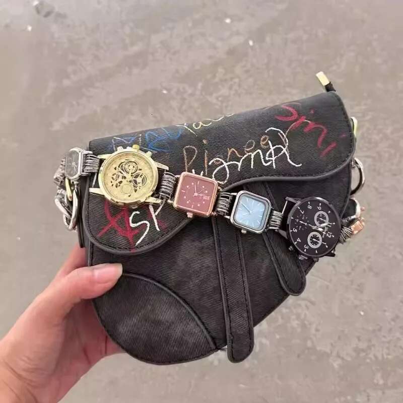 Designer Saddle Women 2025 New In Fashion Chic Metal Watch Strap Shoulder Bag Trend Graffiti Novelty Female Bags