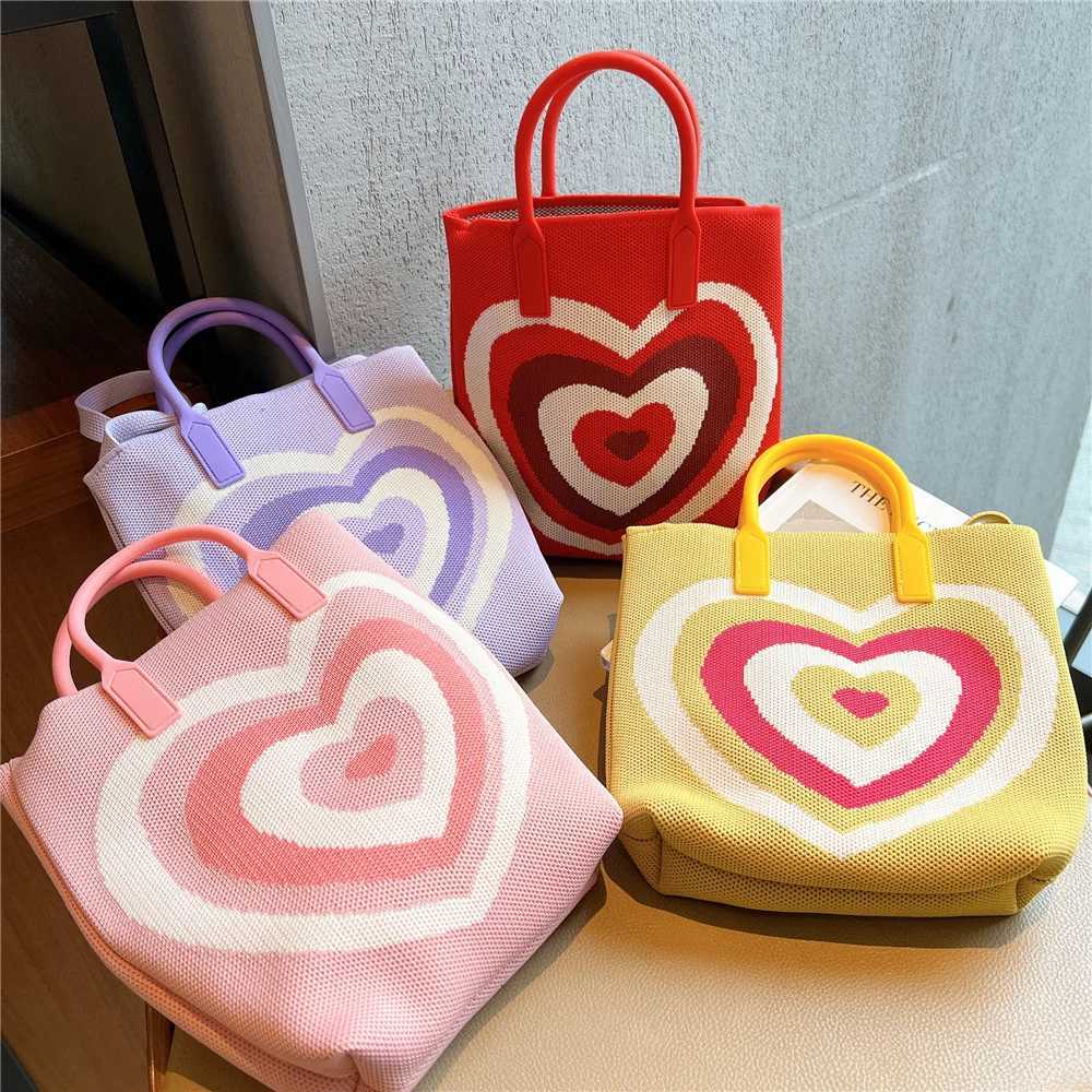 Fashion Knit Handbag Women Tote Shoulder Bag Heart Color Contrast Female Crossbody Bag Portable Ladies Beach Handbag ShoppingBagW250512