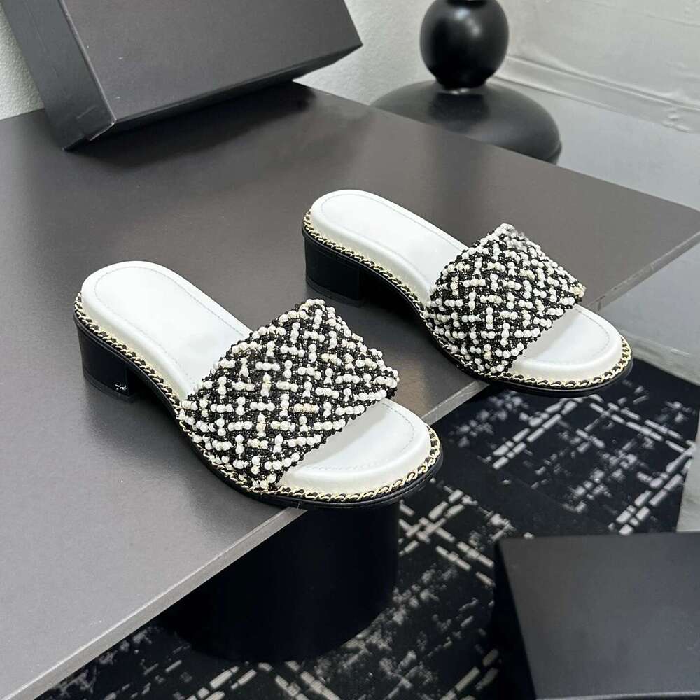 New Women Size35-41 Genuine Leather Slippers Med Heels Chain String Bead Summer Slides Designer Shoes Zapatillas De Mujer